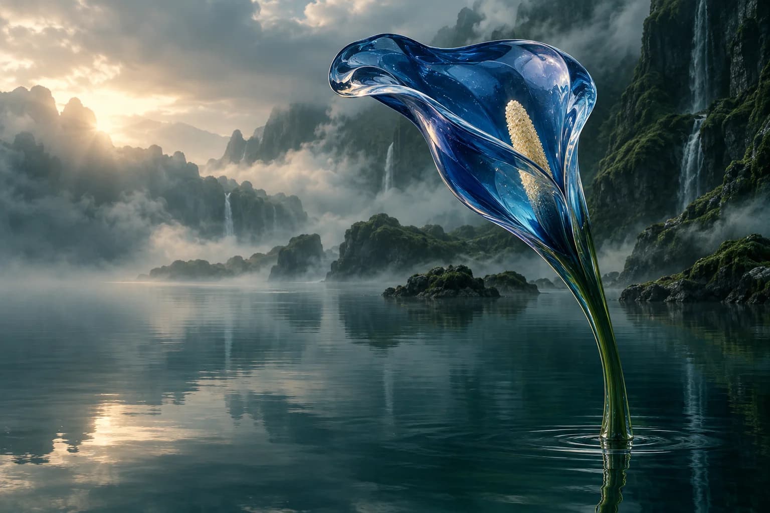 A glass flower in a cinematic landscape.